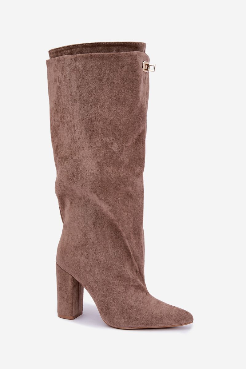 Gefütterte Overknee-Stiefel aus Velourslederimitat mit doppeltem Schaft und Blockabsatz in Beige