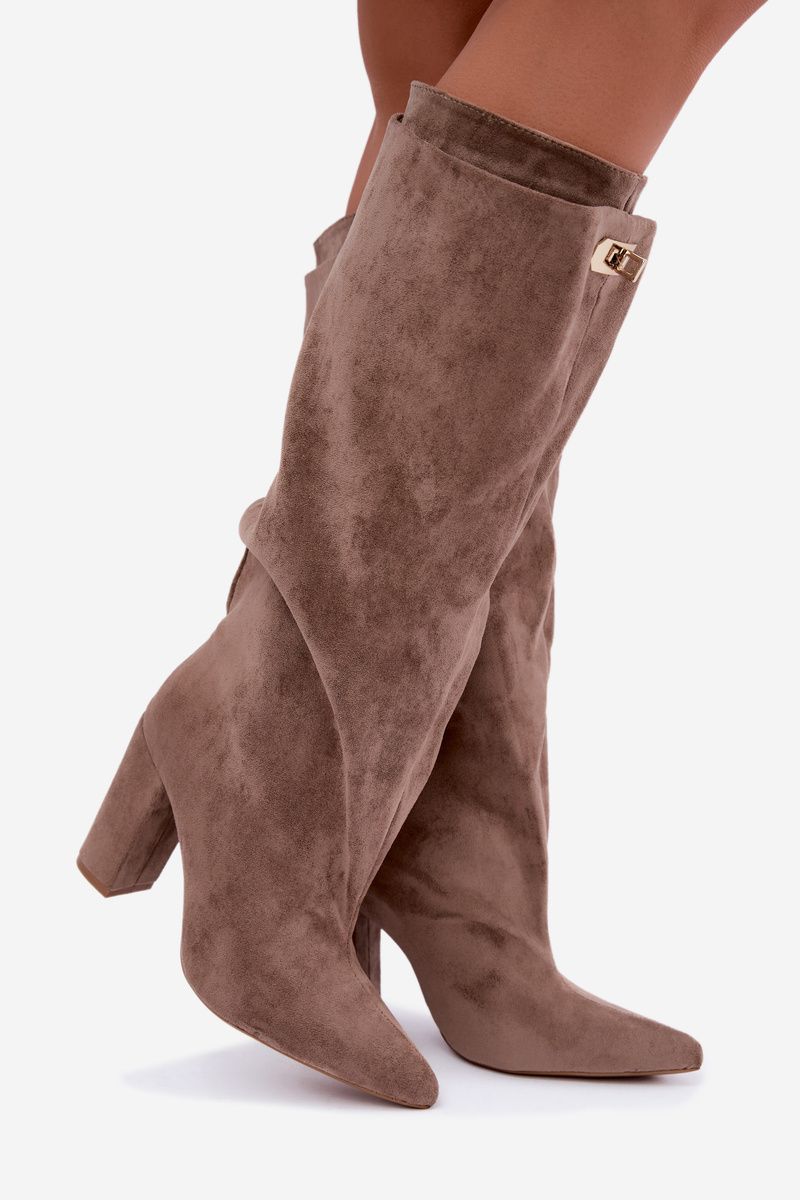 Gefütterte Overknee-Stiefel aus Velourslederimitat mit doppeltem Schaft und Blockabsatz in Beige
