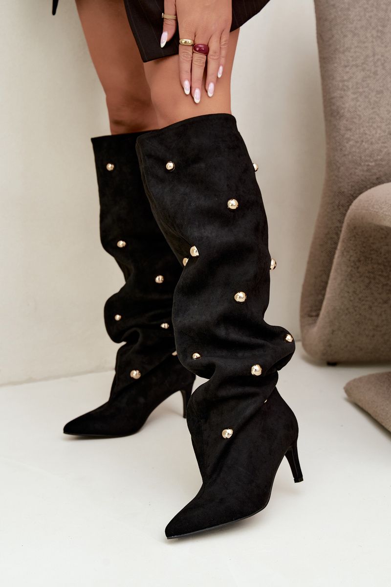 Schwarze Overknee-Stiefel mit Stiletto-Absatz und goldenen Details
