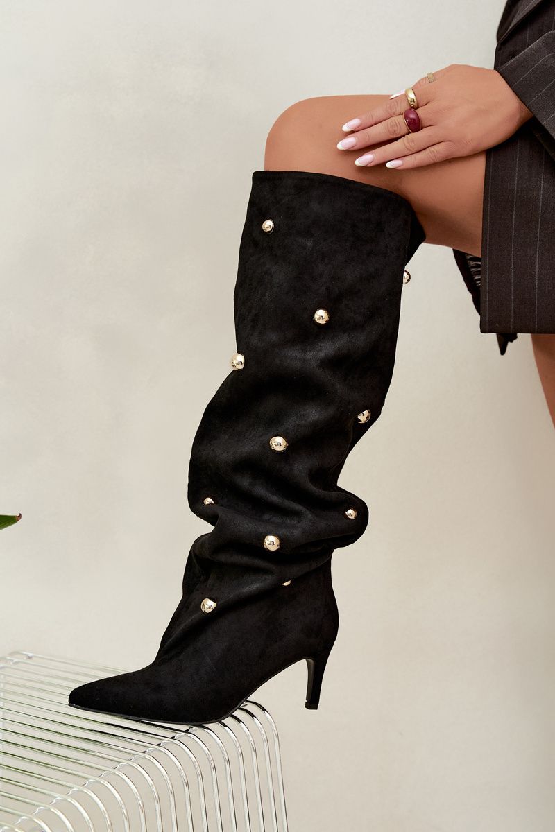 Schwarze Overknee-Stiefel mit Stiletto-Absatz und goldenen Details