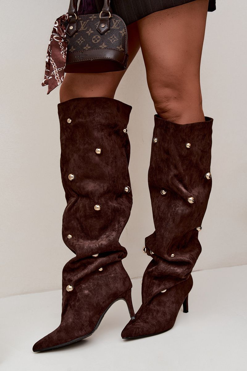 Overknee-Stiefel mit Stiletto-Absatz und dekorativen Details, braun