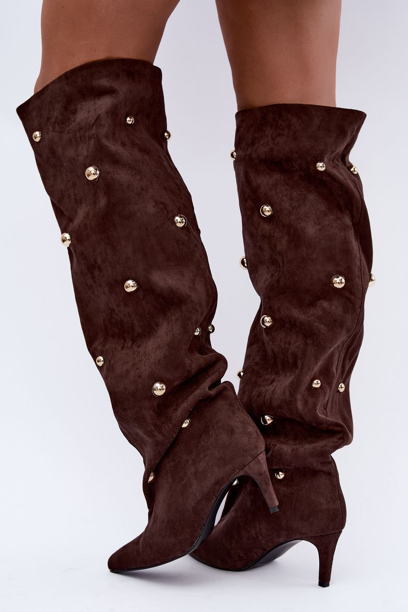 Overknee-Stiefel mit Stiletto-Absatz und dekorativen Details, braun