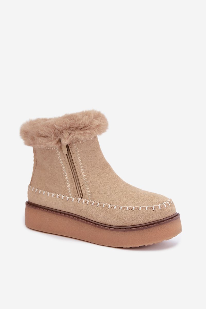 Beige Schneestiefel mit Reißverschluss und Fellbesatz
