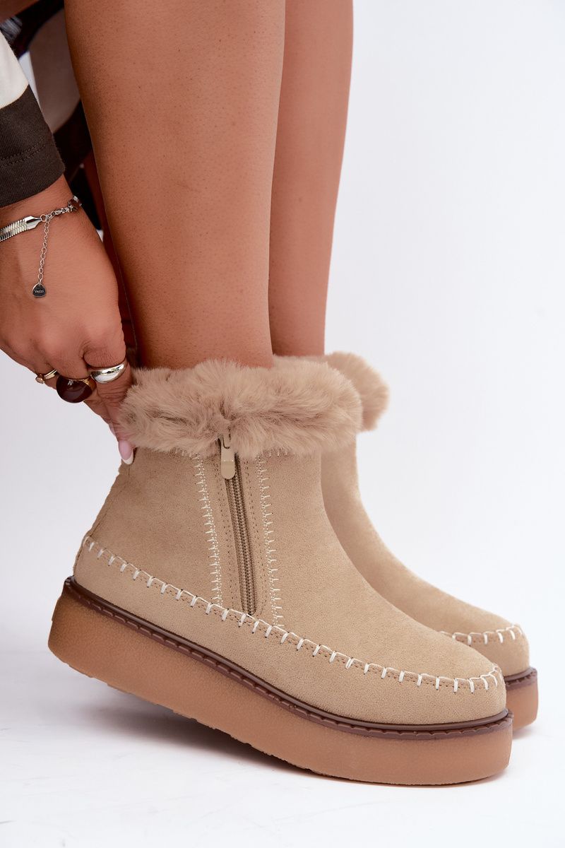 Beige Schneestiefel mit Reißverschluss und Fellbesatz