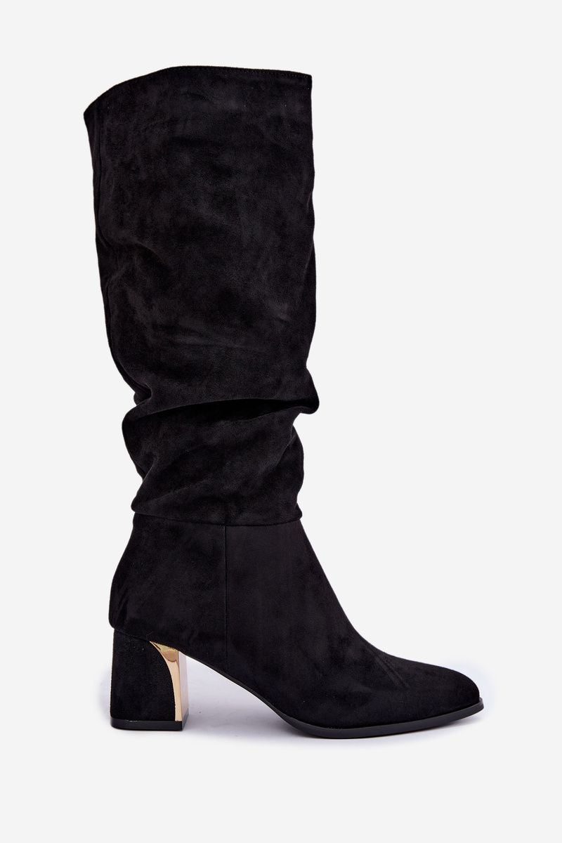 Schwarze Veloursstiefel mit Raffung und Blockabsatz