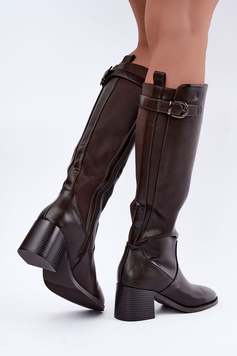 Gefütterte Stiefel mit Blockabsatz und Schnalle, braun