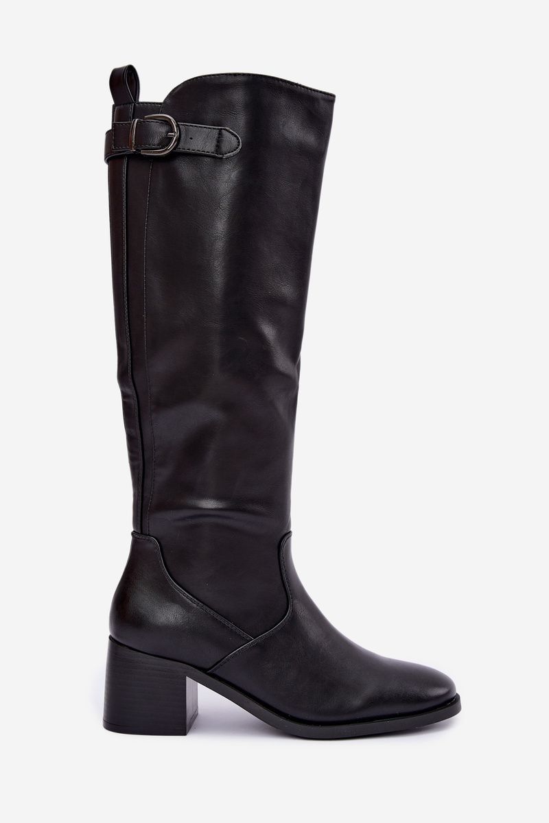 Gefütterte Stiefel mit Blockabsatz und Schnalle schwarz