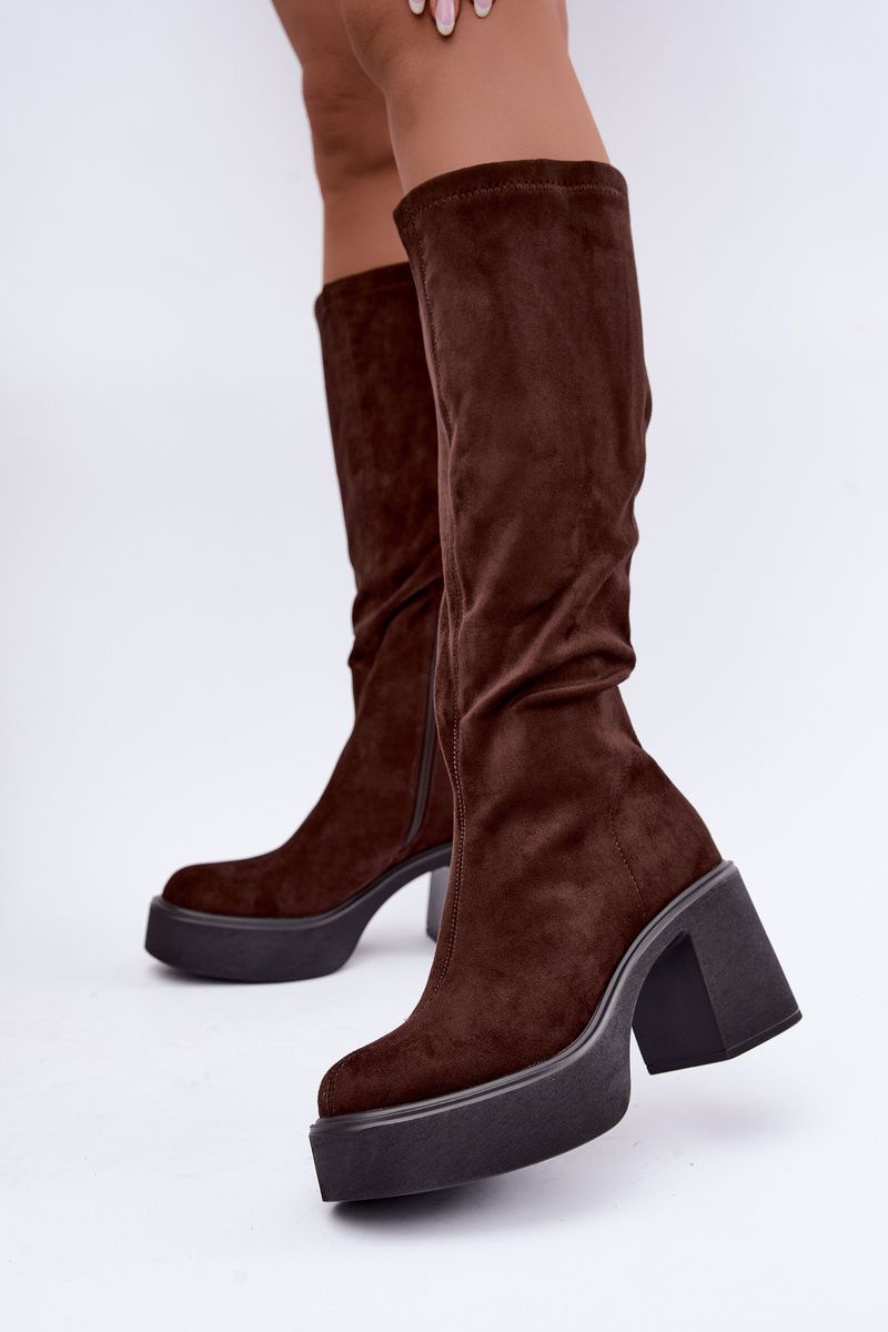 Braune Overknee-Stiefel aus Velourslederimitat mit Plateau und Blockabsatz