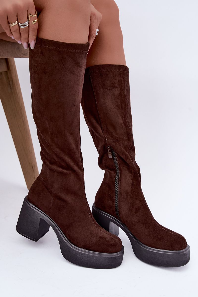 Braune Overknee-Stiefel aus Velourslederimitat mit Plateau und Blockabsatz