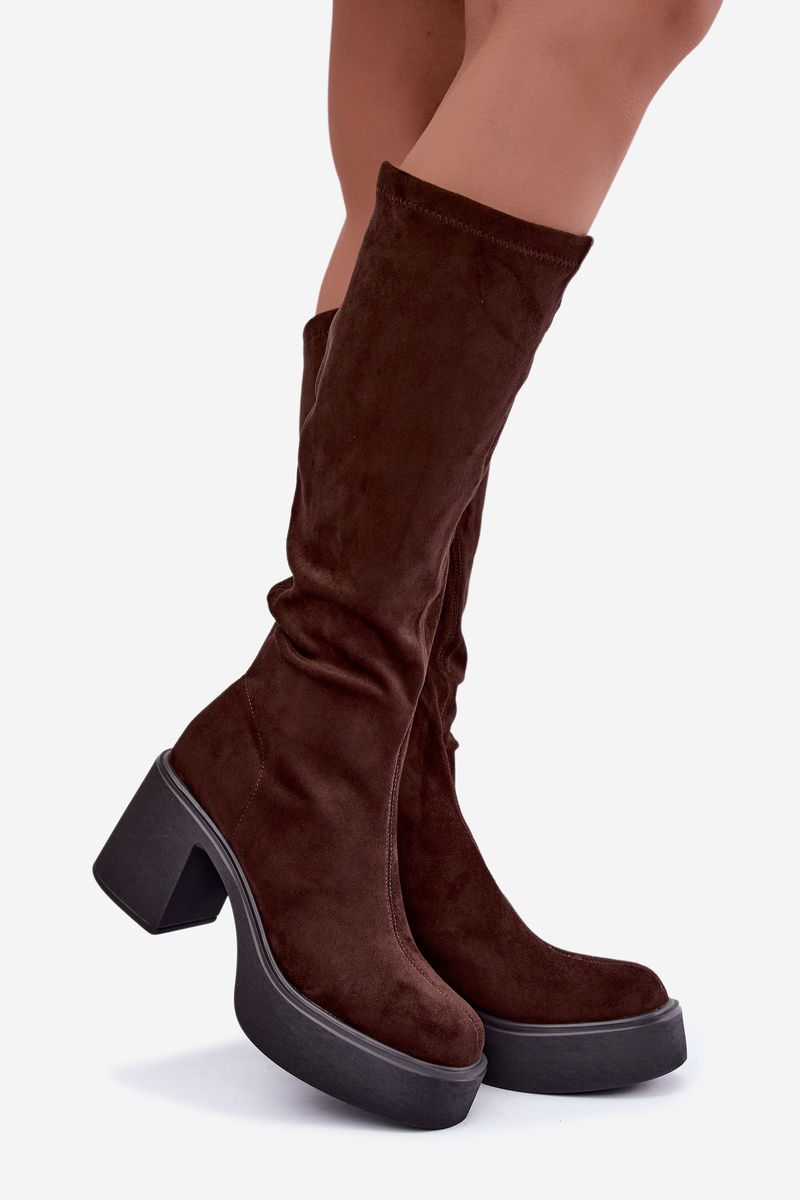 Braune Overknee-Stiefel aus Velourslederimitat mit Plateau und Blockabsatz