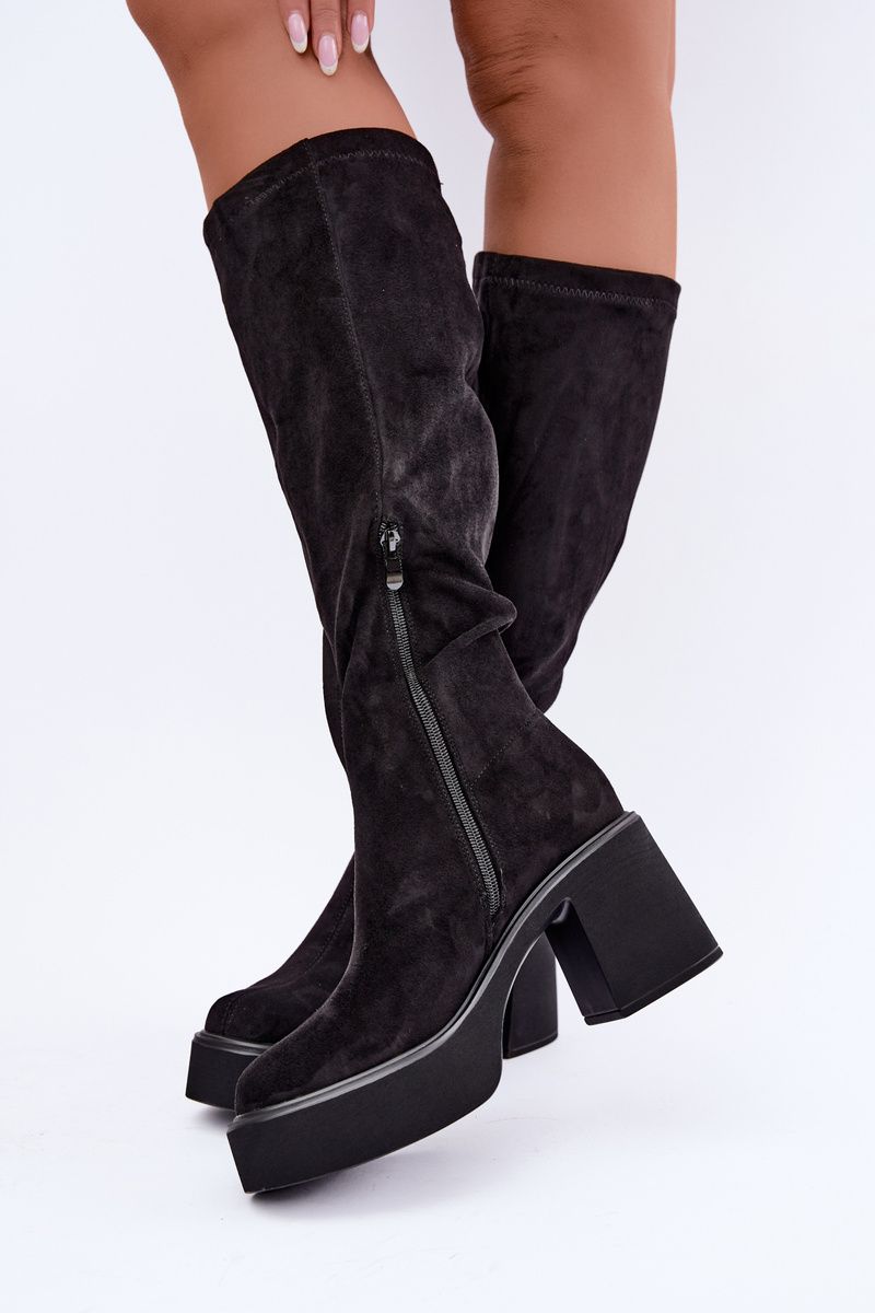 Schwarze Overknee-Stiefel mit Plateau und Blockabsatz