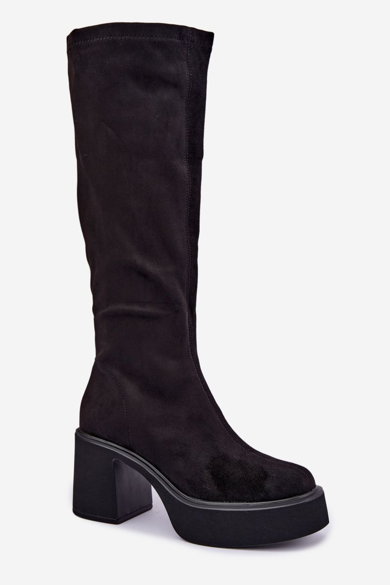 Schwarze Overknee-Stiefel mit Plateau und Blockabsatz