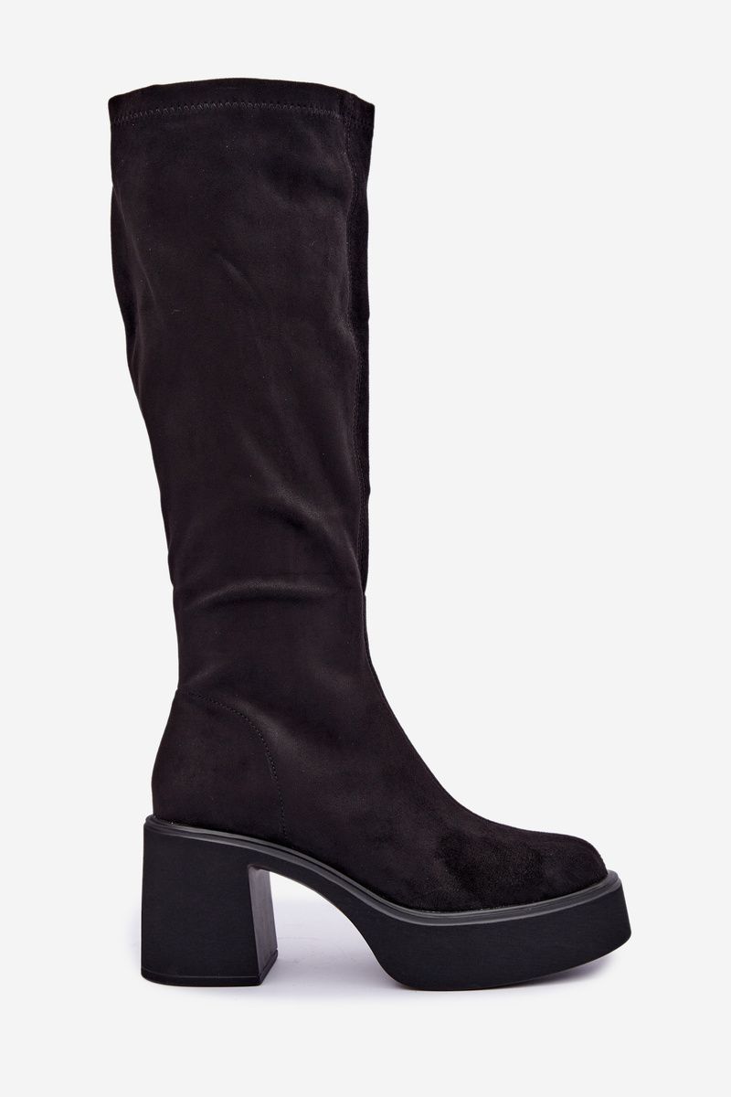 Schwarze Overknee-Stiefel mit Plateau und Blockabsatz