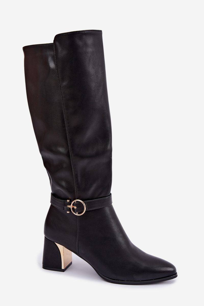 Gefütterte Stiefel mit Absatz und dekorativem Riemen schwarz
