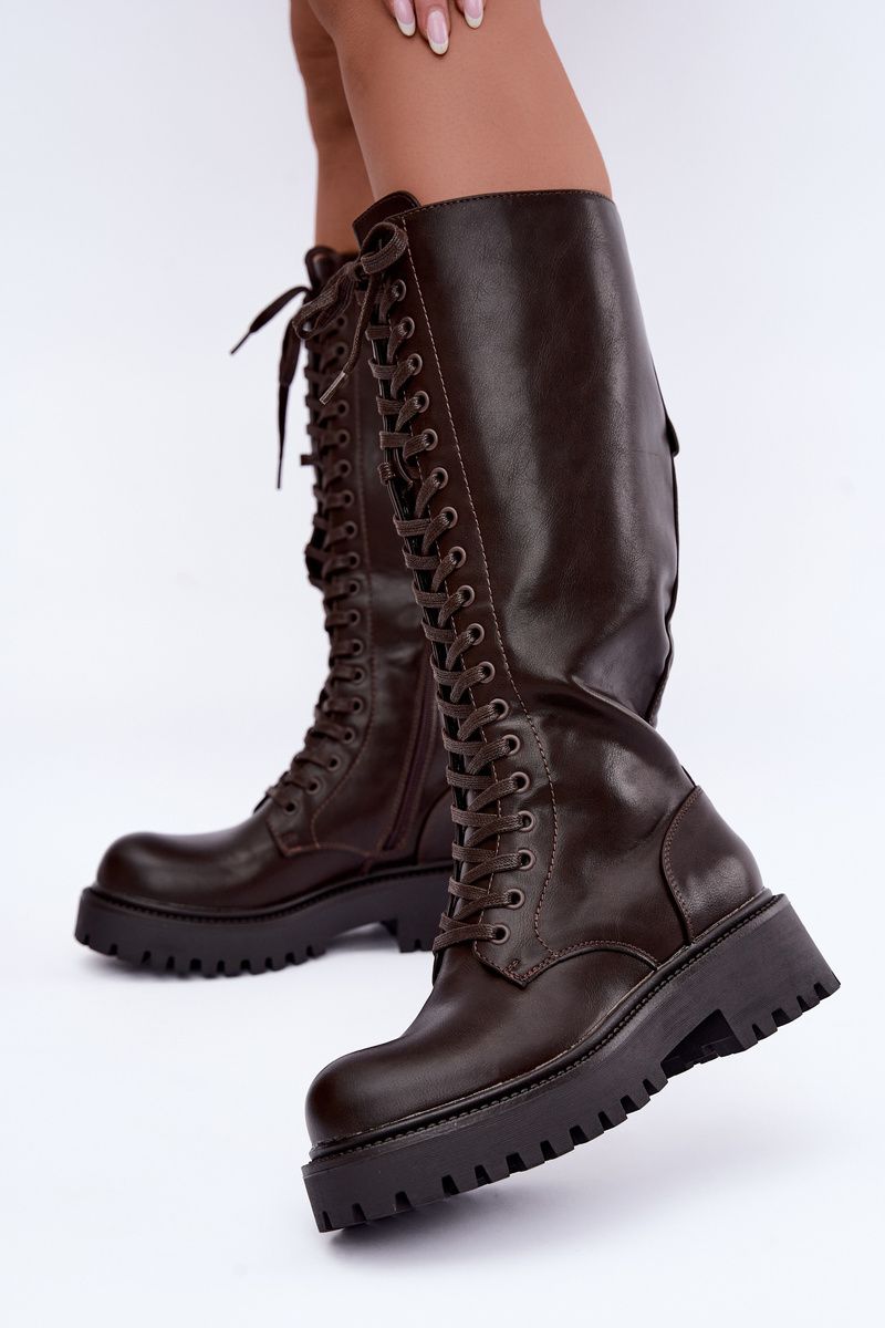 Braune Schnürstiefel mit Plateau aus Kunstleder