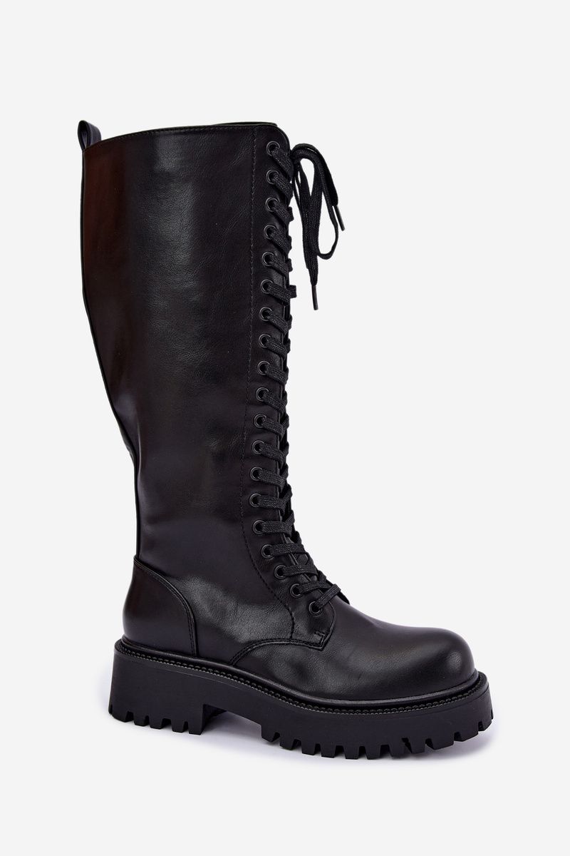 Schnürstiefel auf Plateau, gefüttert, schwarz