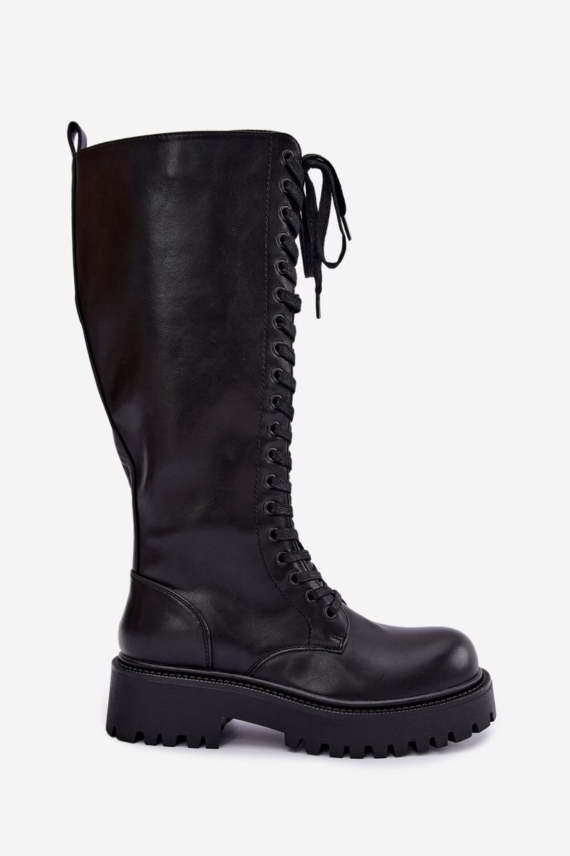 Schnürstiefel auf Plateau, gefüttert, schwarz