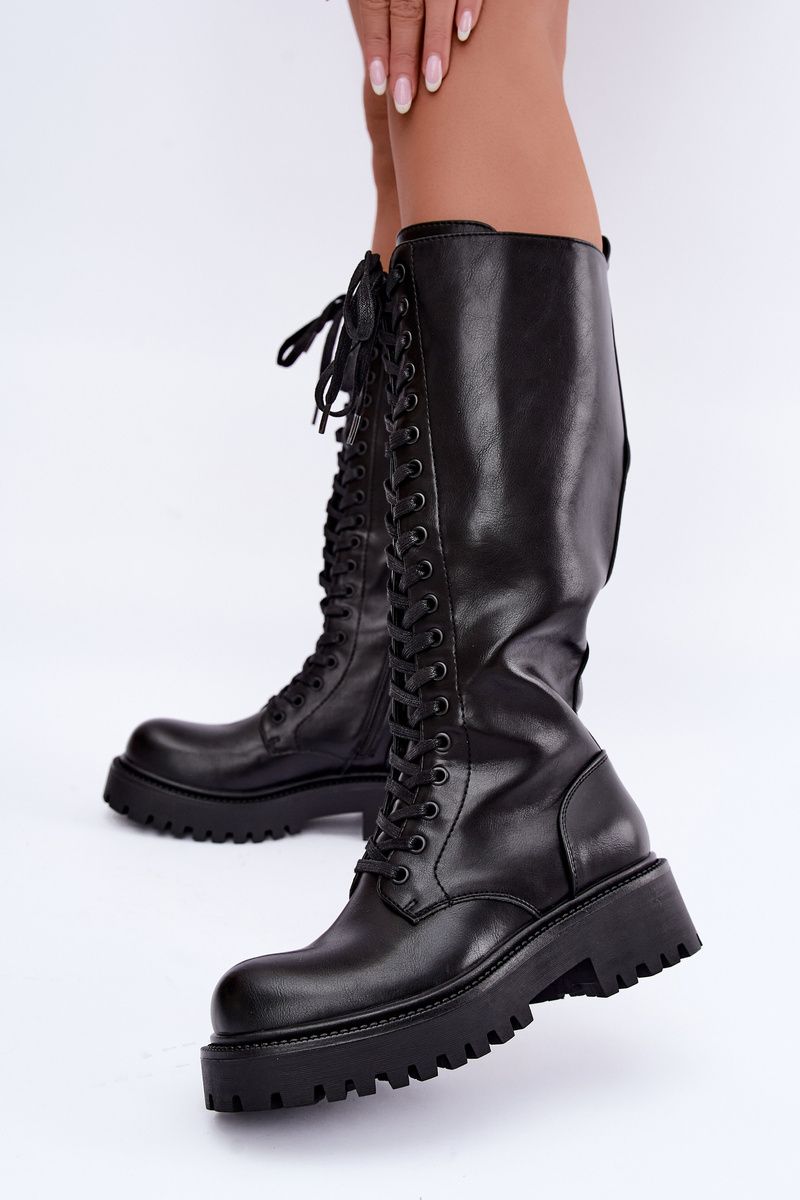 Schnürstiefel auf Plateau, gefüttert, schwarz