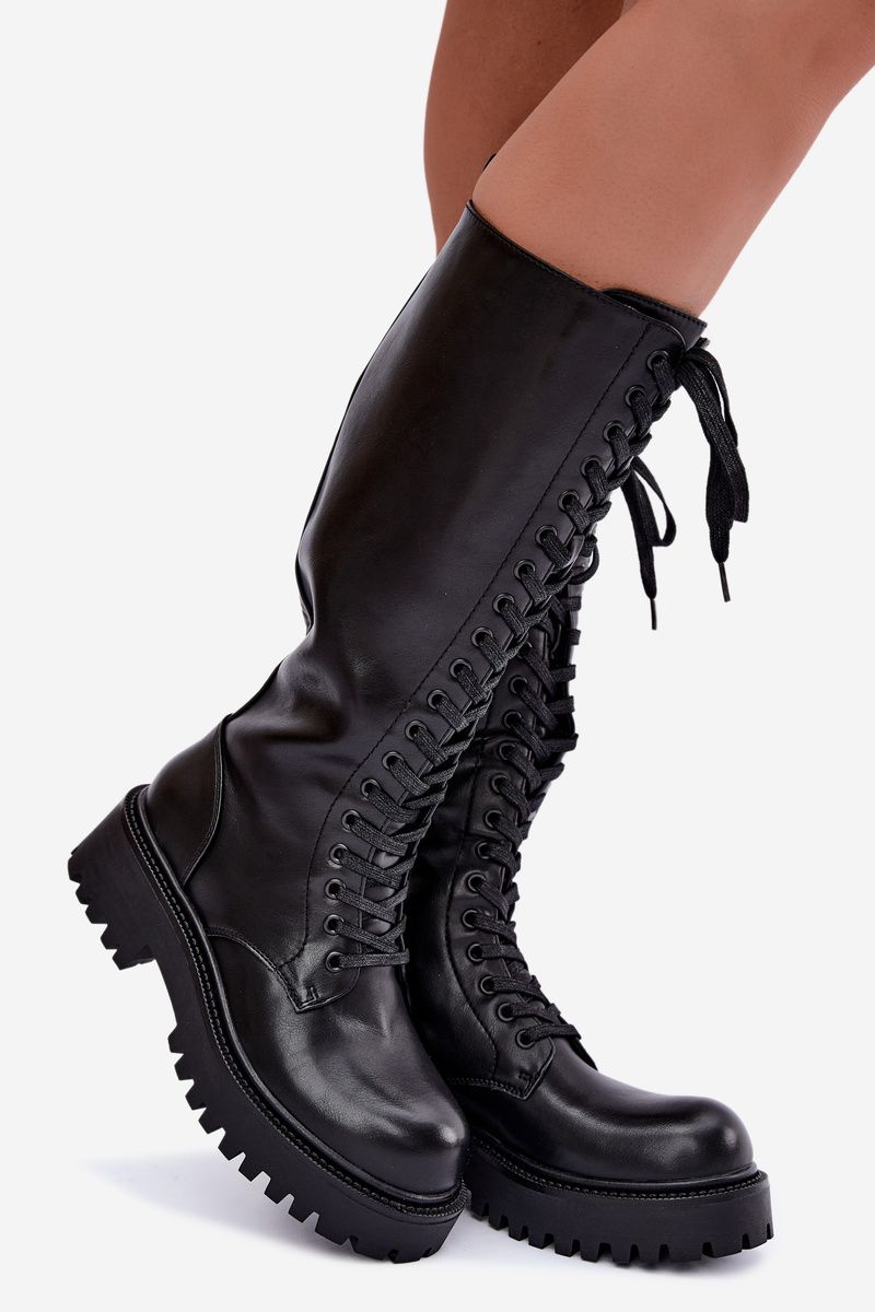 Schnürstiefel auf Plateau, gefüttert, schwarz