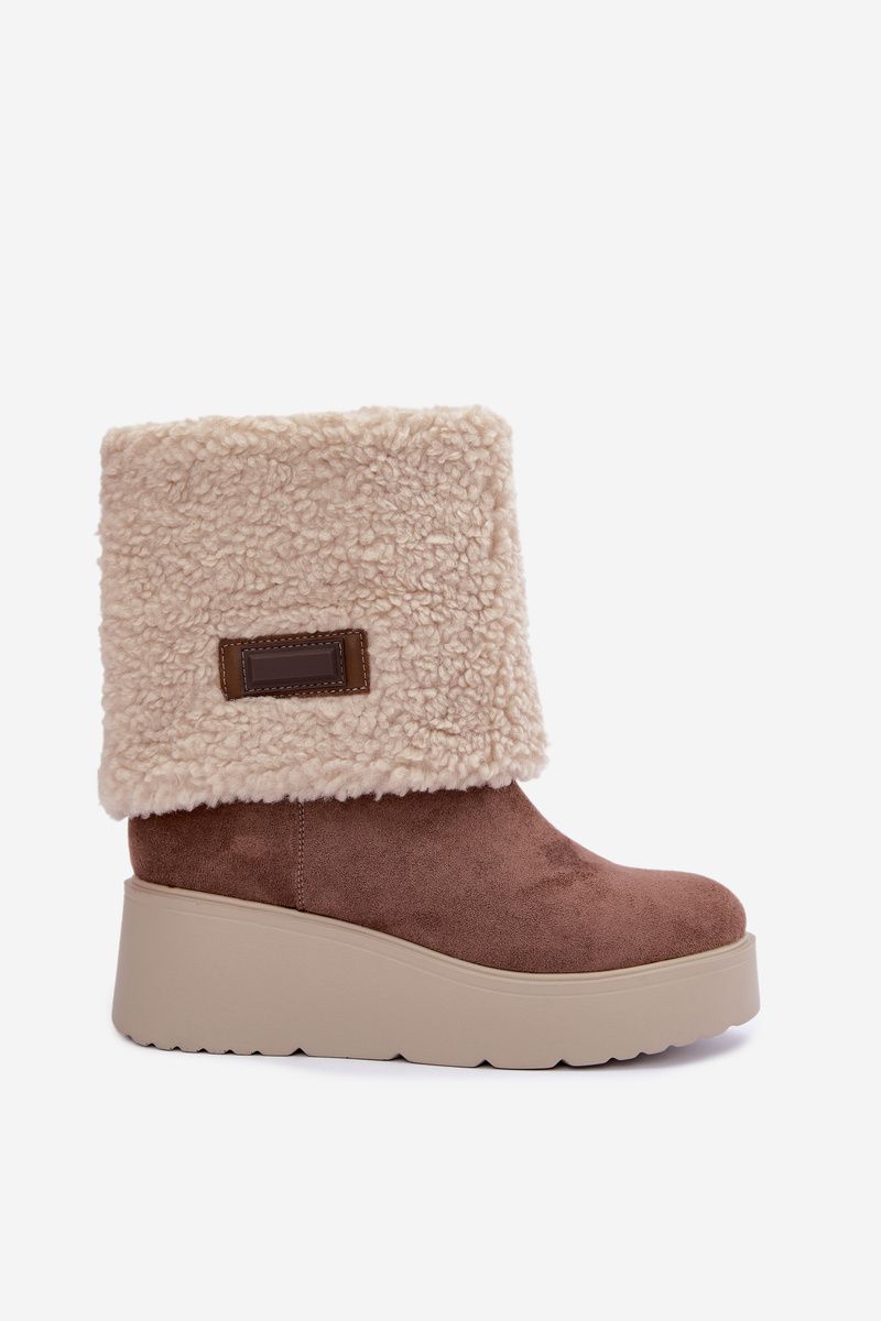 Beige Schneestiefel mit Keilabsatz und umgeschlagenem Schaft