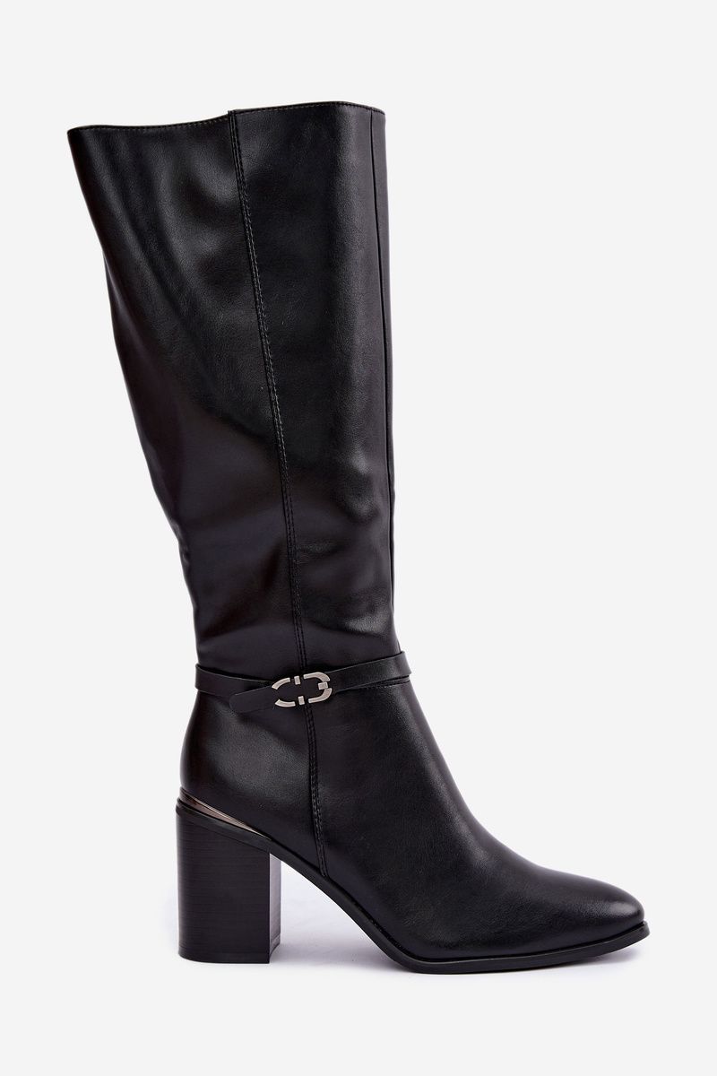 Gefütterte Stiefel mit Blockabsatz und Zierband, schwarz
