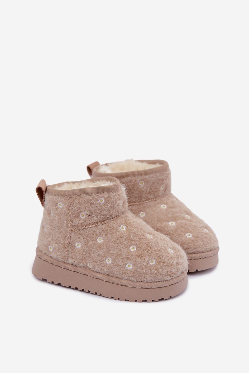 Beige Schneestiefel mit kleinen Blumen und Fell