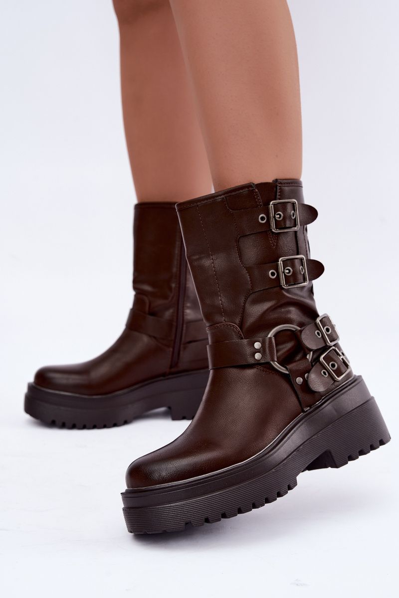 Braune Stiefelette mit Plateau und Schnallen