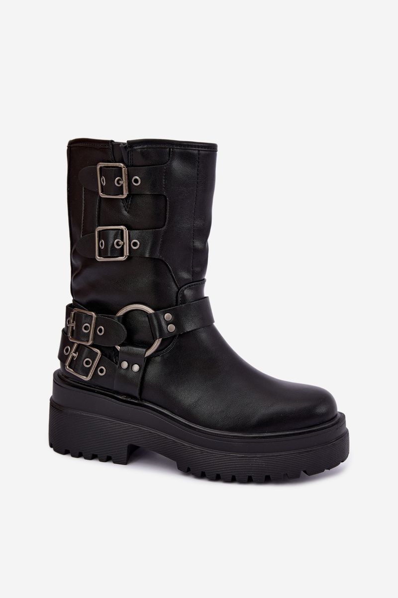 Schwarze Stiefelette mit Plateau und Schnallen