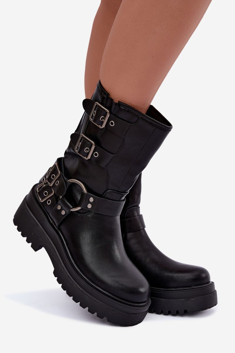 Schwarze Stiefelette mit Plateau und Schnallen