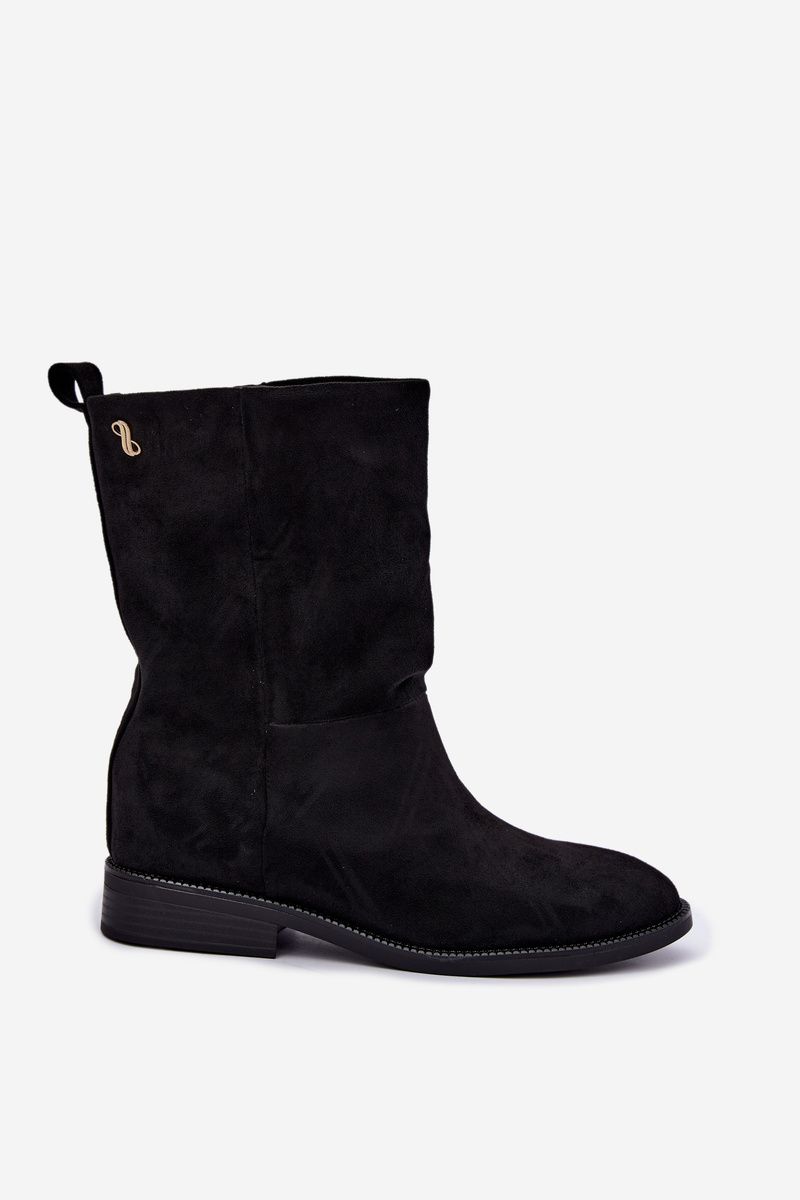 Gefütterte schwarze Stiefelette mit flachem Absatz aus Wildlederoptik
