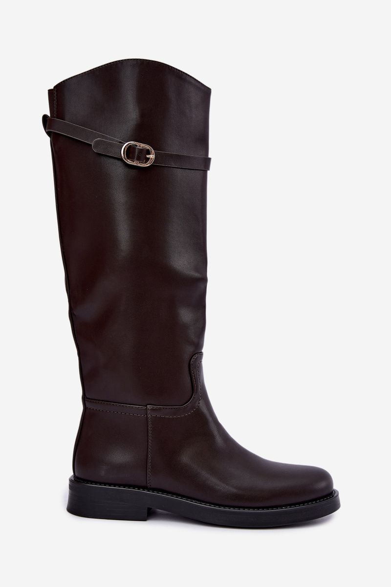 Stiefel mit flachem Absatz, Riemen und goldener Schnalle, braun