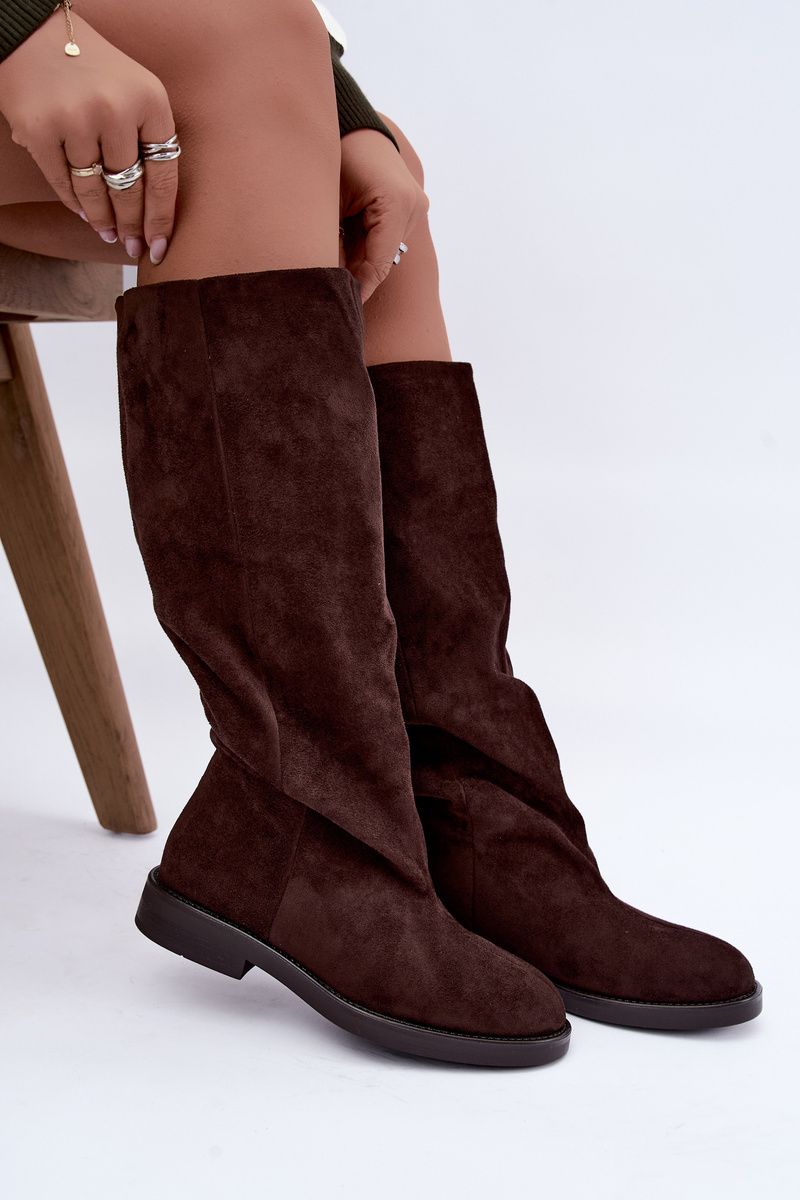 Braune Overknee-Stiefel aus Velourslederimitat mit flachem Absatz