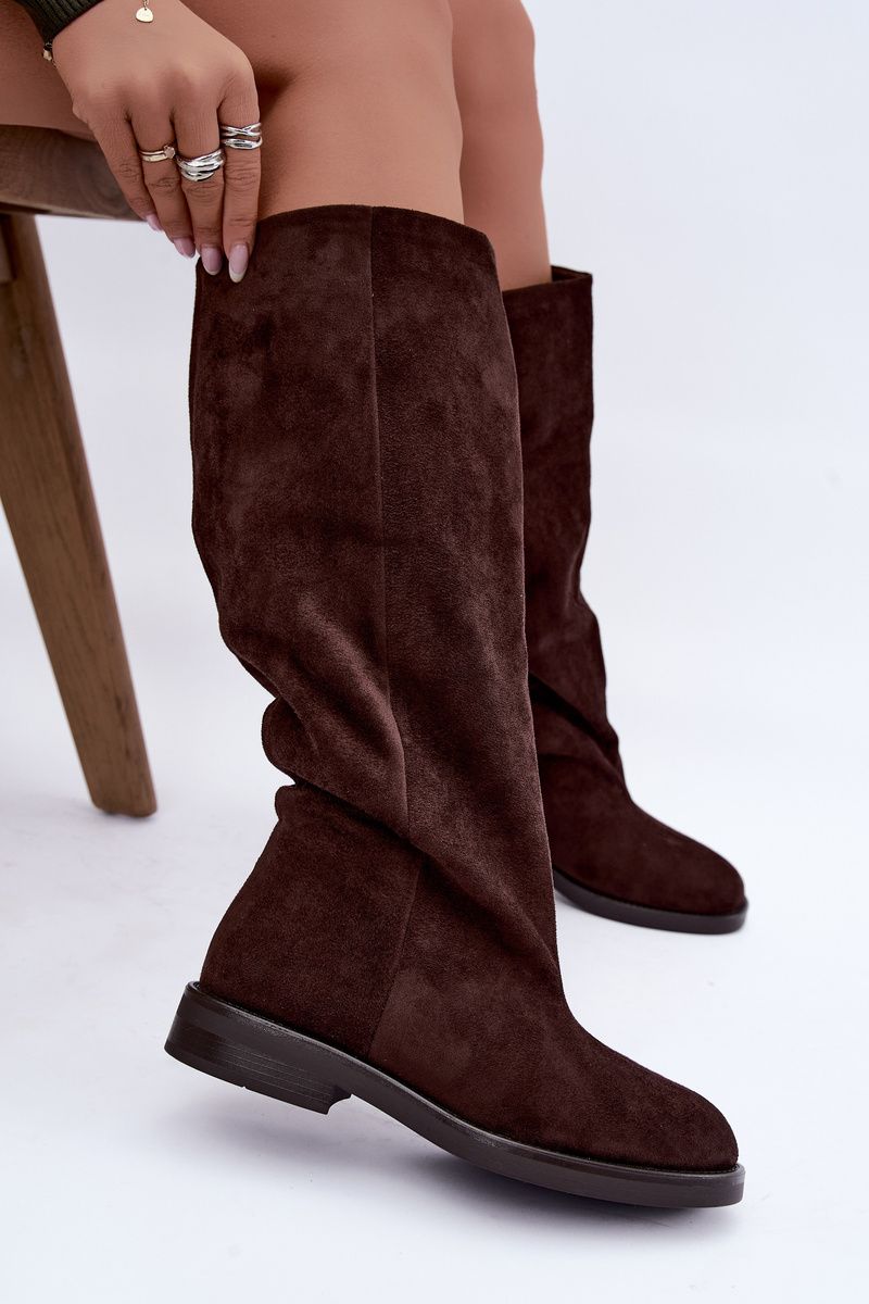Braune Overknee-Stiefel aus Velourslederimitat mit flachem Absatz