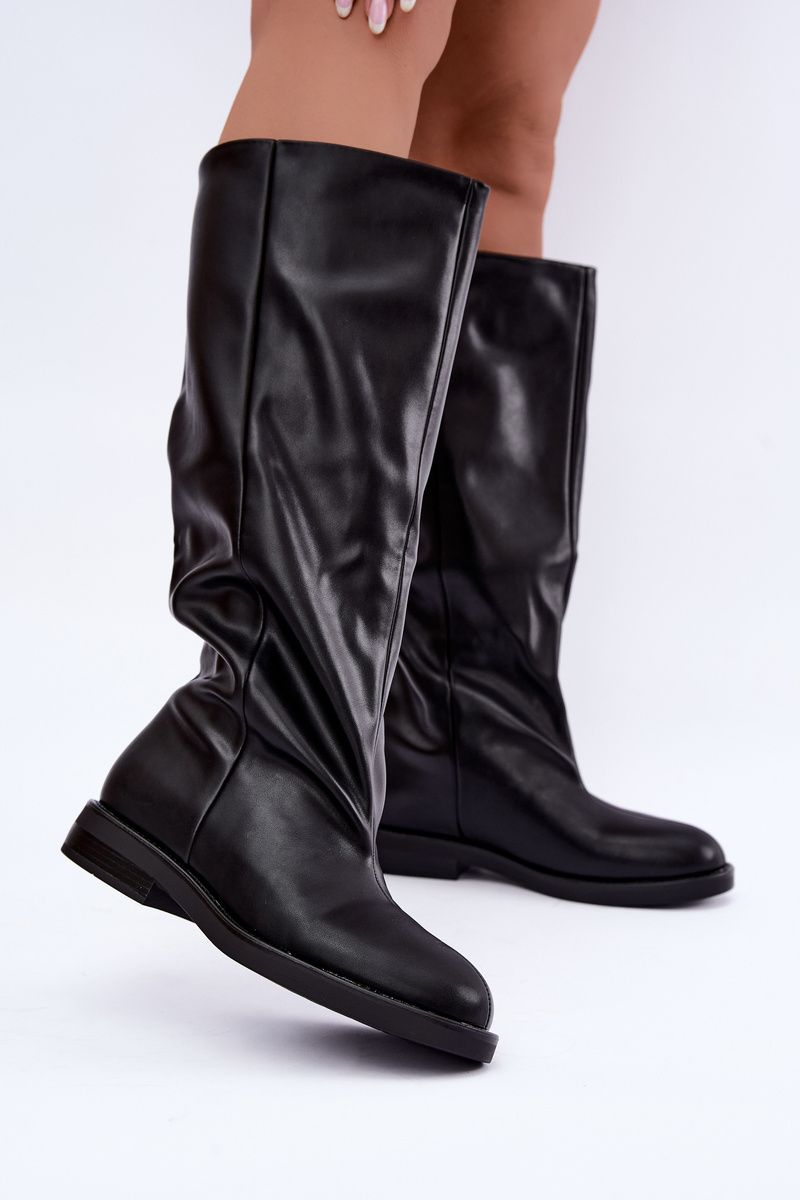 Schwarze Overknee-Stiefel aus Kunstleder mit flachem Absatz