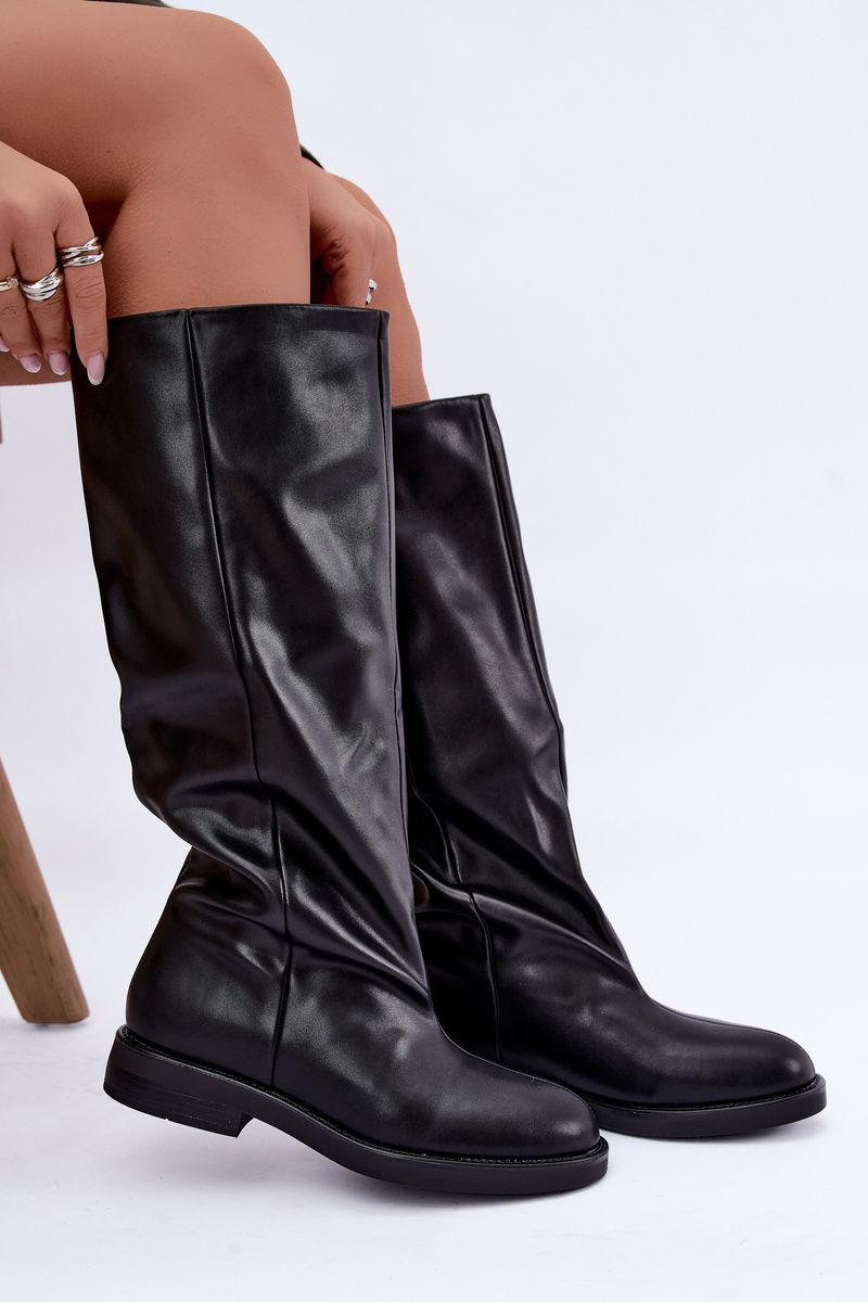 Schwarze Overknee-Stiefel aus Kunstleder mit flachem Absatz