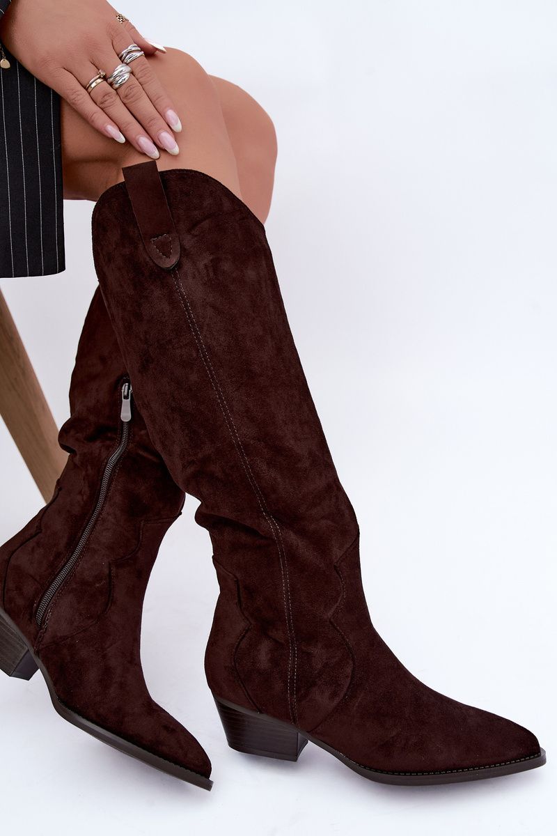 Gefütterte braune Overknee-Stiefel mit Blockabsatz aus Wildlederimitat