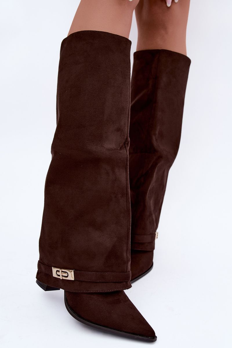 Gefütterte Stiefel mit umgeschlagenem Schaft und Absatz, braun
