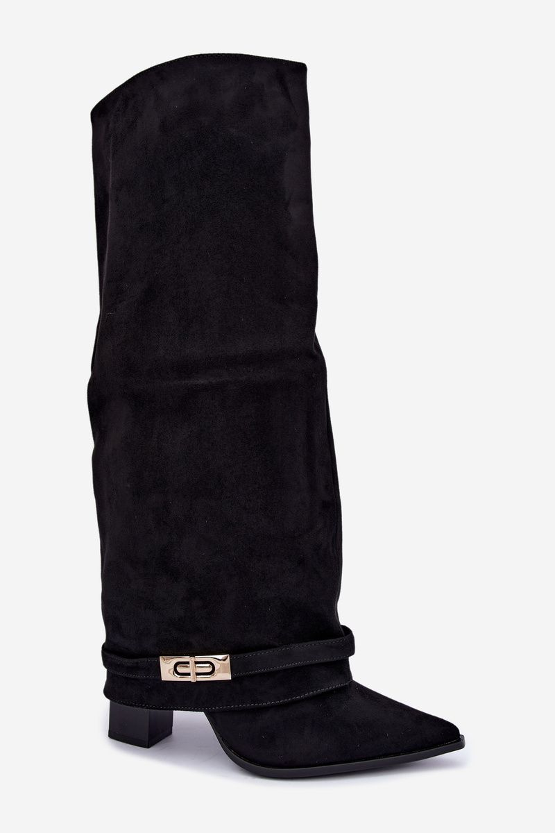 Gefütterte Overknee-Stiefel mit umgeschlagenem Schaft und Absatz schwarz