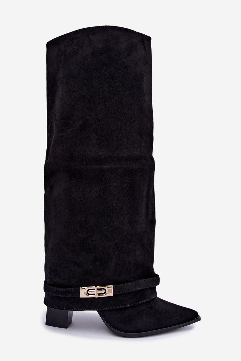 Gefütterte Overknee-Stiefel mit umgeschlagenem Schaft und Absatz schwarz