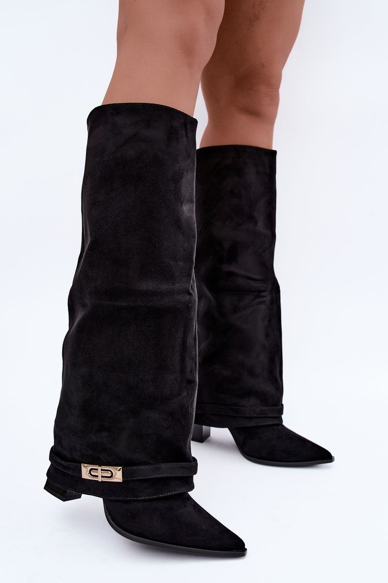 Gefütterte Overknee-Stiefel mit umgeschlagenem Schaft und Absatz schwarz