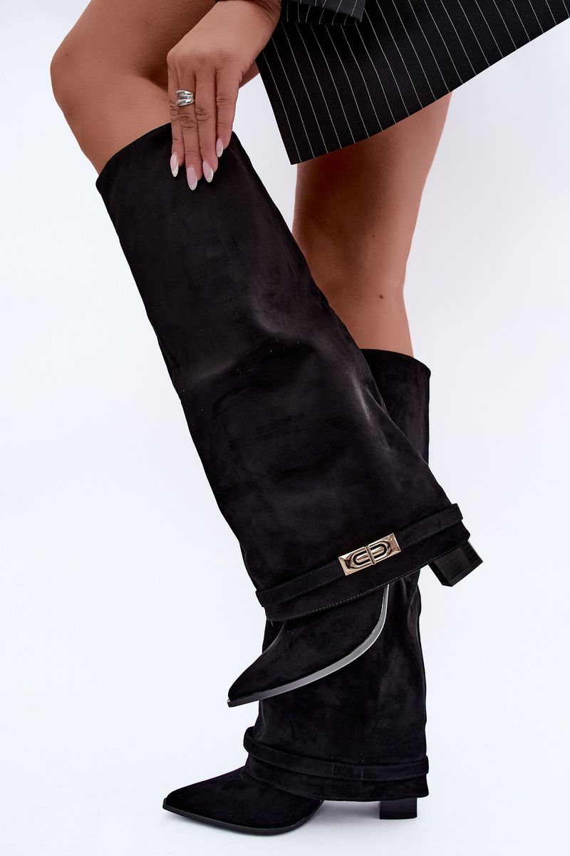 Gefütterte Overknee-Stiefel mit umgeschlagenem Schaft und Absatz schwarz