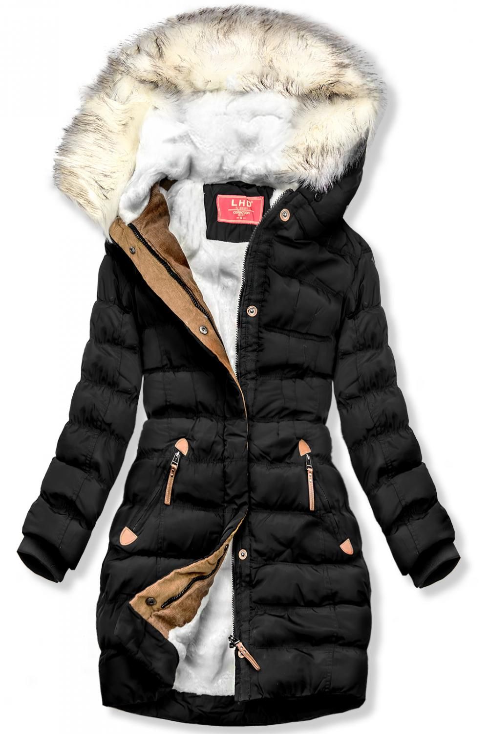 Steppjacke mit Fellimitat an der Kapuze schwarz
