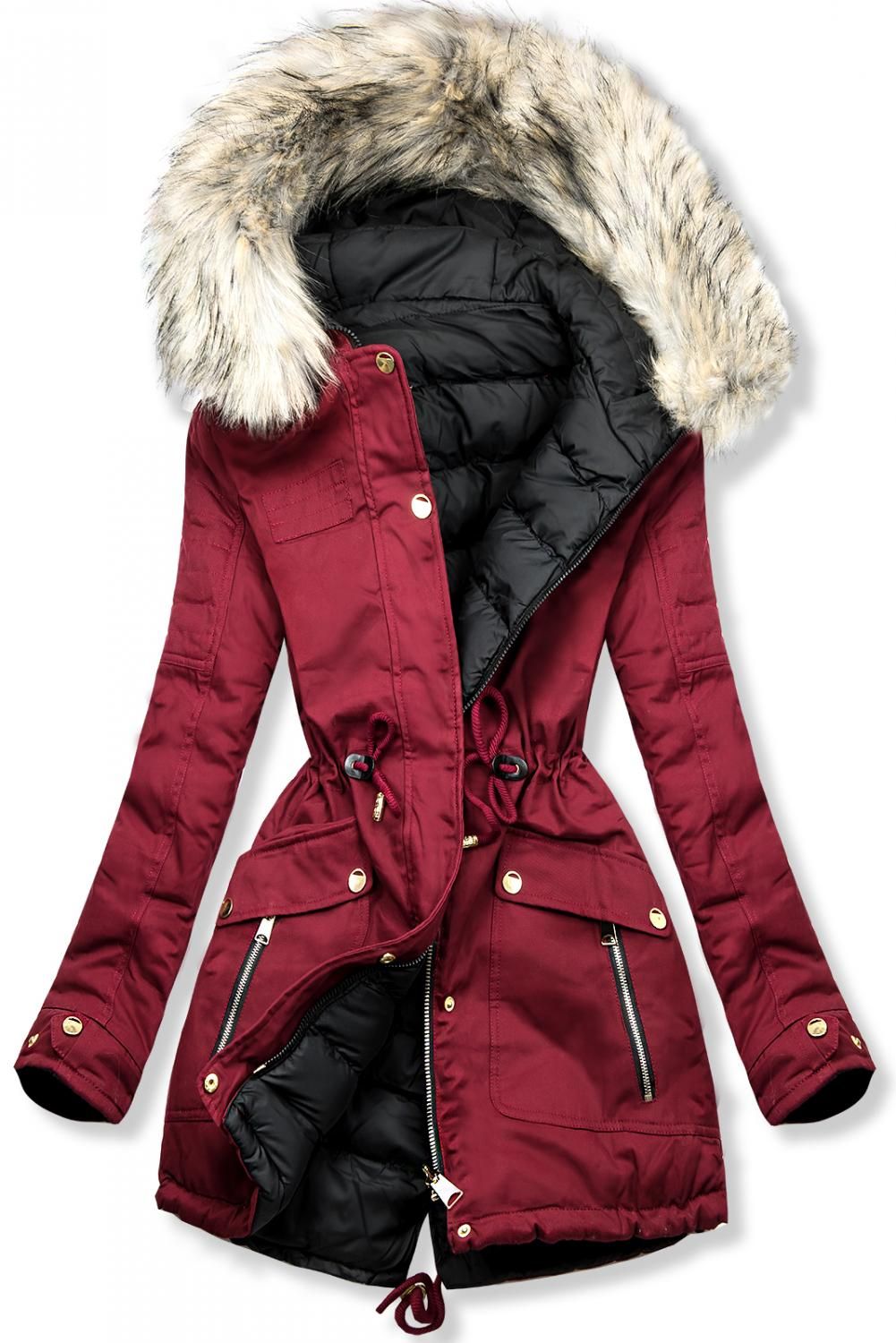 Wende-Parka für Winter weinrot/schwarz