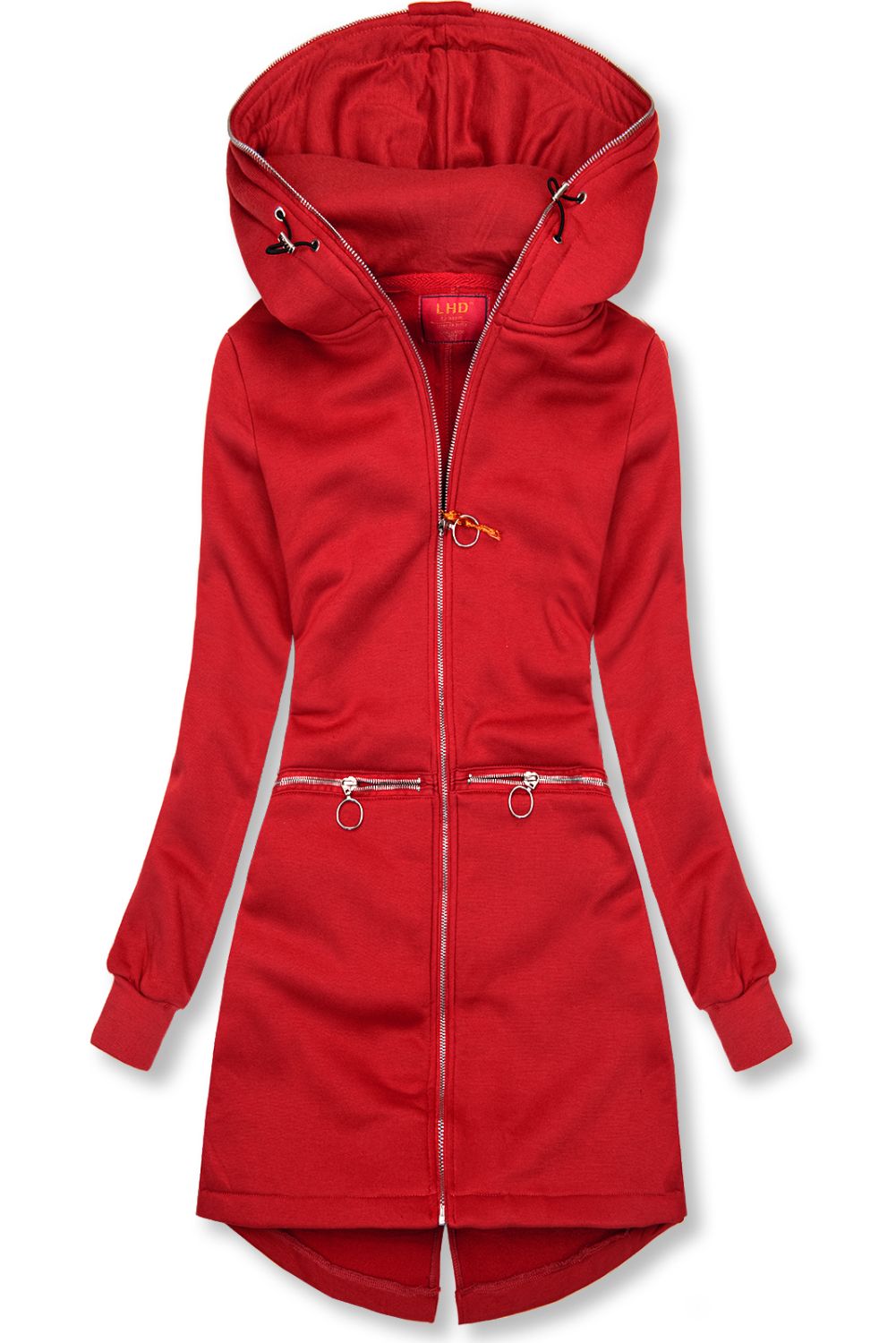 Sweatmantel in langer Form mit Kapuze rot