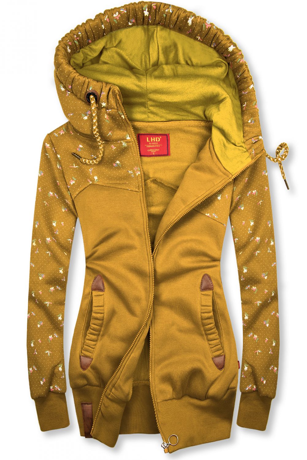 Verlängerte Sweatjacke mit Blumenmuster mustard