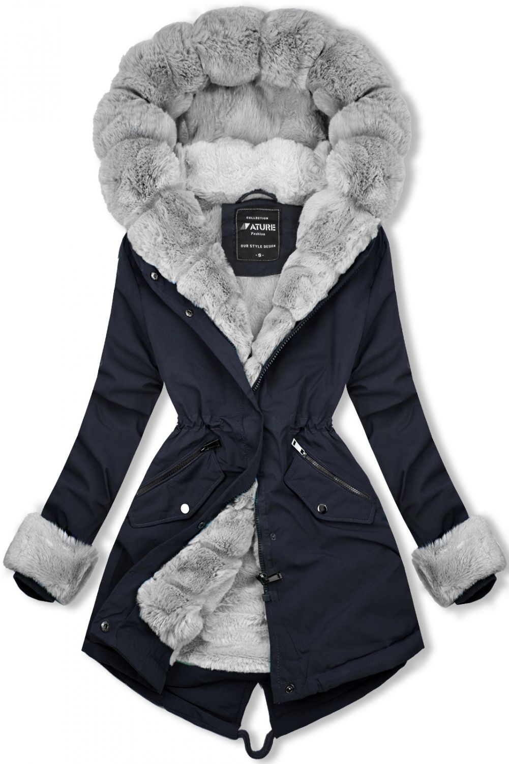 Winter Parka mit abnehmbaren Fellimitat dunkelblau