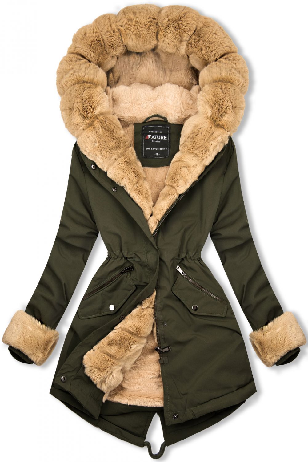 Winter Parka mit abnehmbaren Fellimitat khaki