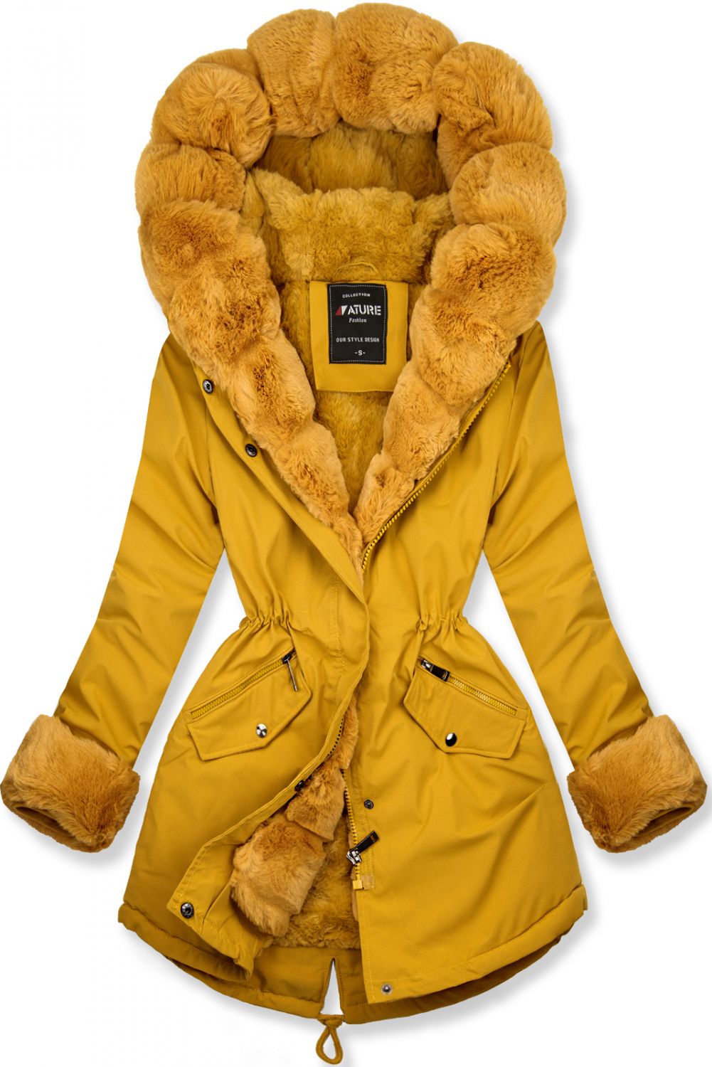 Winter Parka mit abnehmbaren Fellimitat gelb