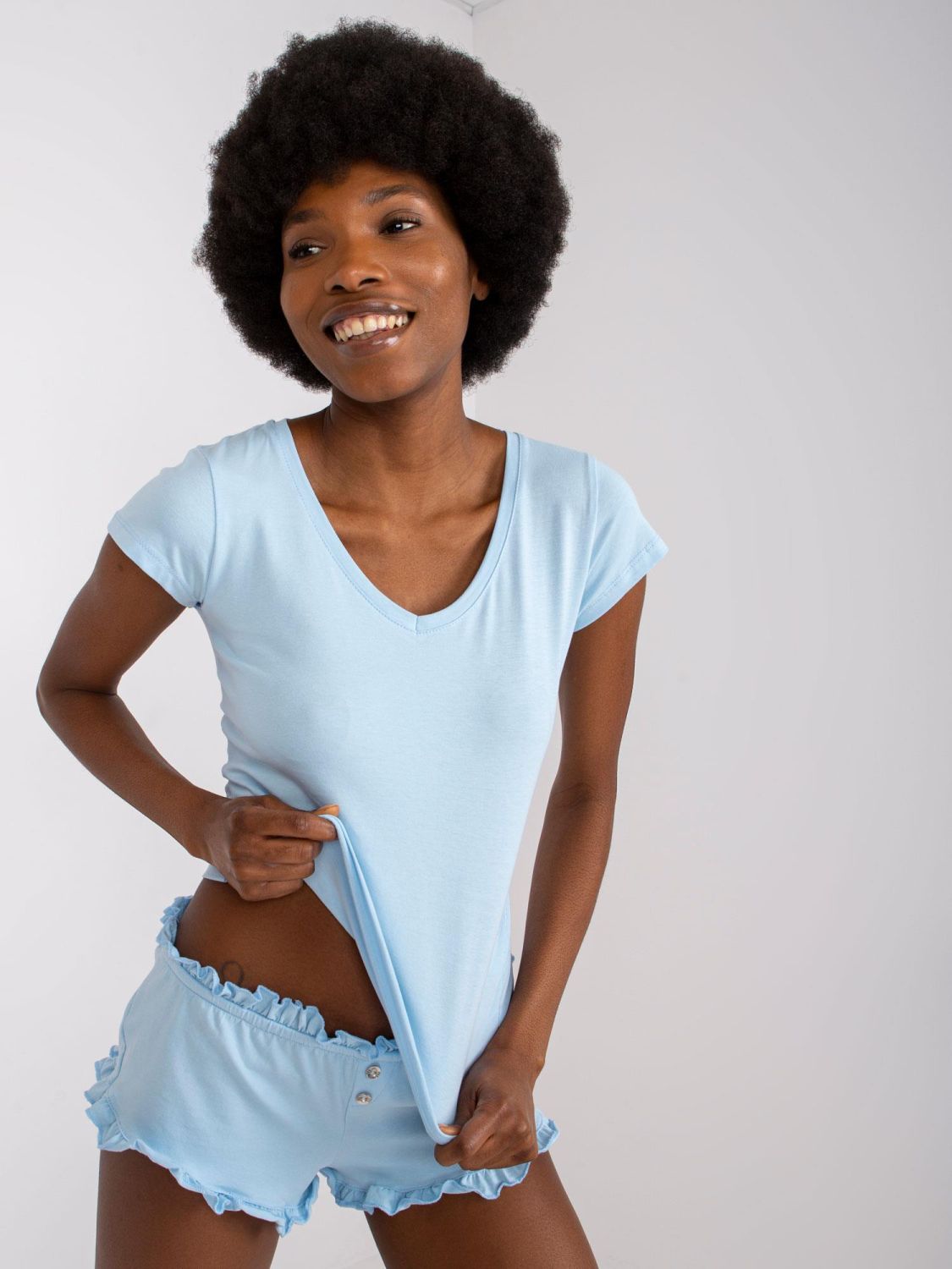 Damen-Pyjama mit Rüsche in Hellblau