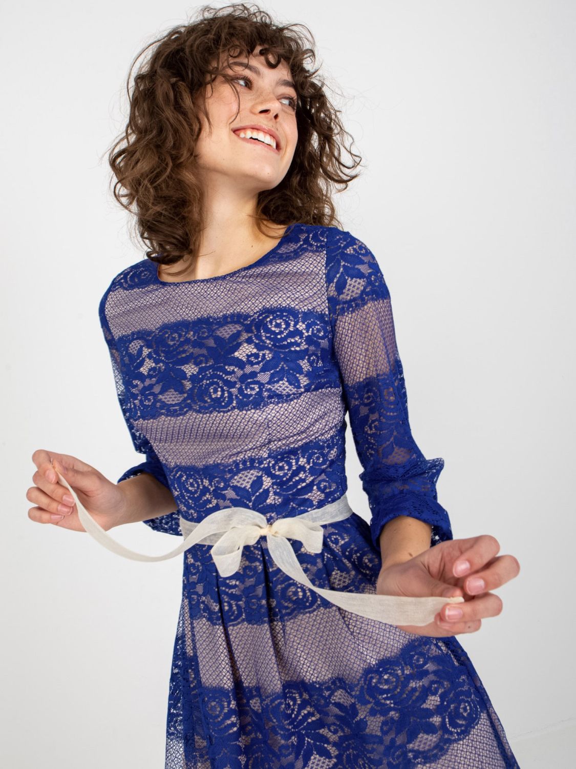 Kobalt Midi Cocktailkleid mit Spitze und Gürtel